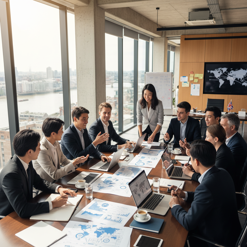 A diverse group of business professionals from different countries collaborating around a table in a modern, light-filled UK office. There are charts and laptops on the table, and they look engaged in a discussion about international business strategy. Photorealistic, professional setting.