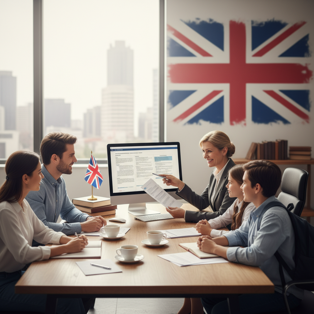 A diverse group of expats (professionals, families, students) happily consulting with a professional, friendly immigration lawyer in a modern, light-filled office. The lawyer is explaining documents, pointing to a computer screen, with UK flag accents subtly in the background. Photorealistic, high detail.