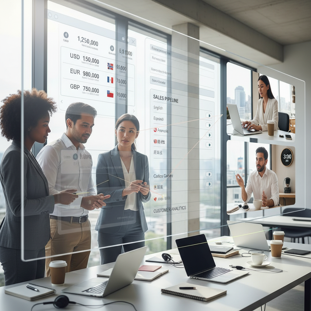 A diverse team of business professionals, some in different time zones, collaborating seamlessly on a digital CRM dashboard projected on a screen, showcasing multi-currency and multi-language features. Photorealistic.