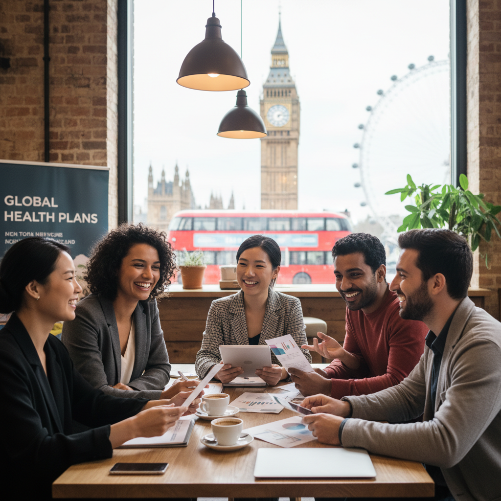 A diverse group of expats, smiling and discussing health insurance options at a modern cafe in London, with iconic UK landmarks subtly visible in the background, realistic photography
