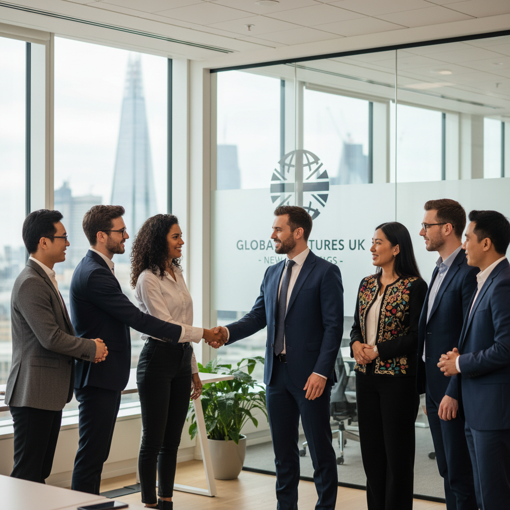 A diverse group of business professionals from various backgrounds shaking hands in a modern, light-filled office, symbolizing international business collaboration and new beginnings in the UK. Photorealistic, soft focus background.