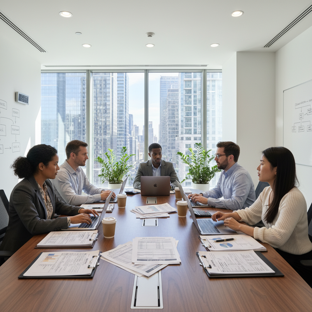 A diverse group of people, looking like expats, are sitting around a table with laptops and financial documents, discussing tax forms in a modern, well-lit office. The atmosphere is collaborative and slightly formal. Photorealistic.