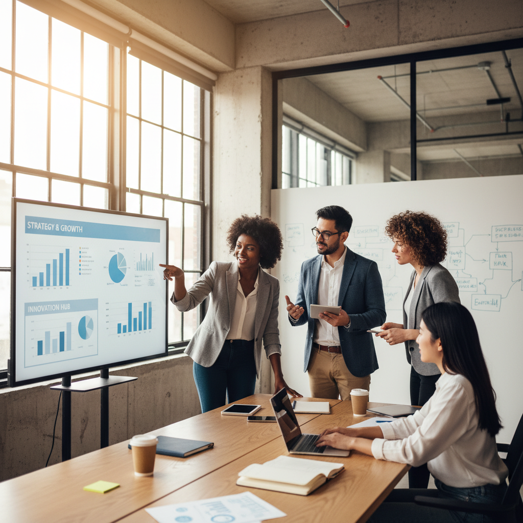 A professional, photorealistic image of a diverse group of entrepreneurs in a modern, light-filled co-working space, actively collaborating on a business plan displayed on a large screen, with innovative ideas being exchanged. Focus on a sense of dynamism and innovation.
