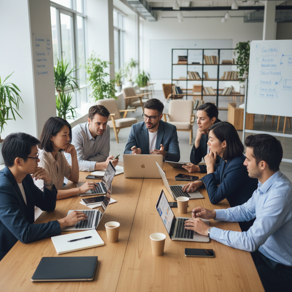 A diverse group of expat business owners, casually dressed, looking at laptops and smartphones in a modern co-working space, discussing banking options. Photorealistic, soft natural light.
