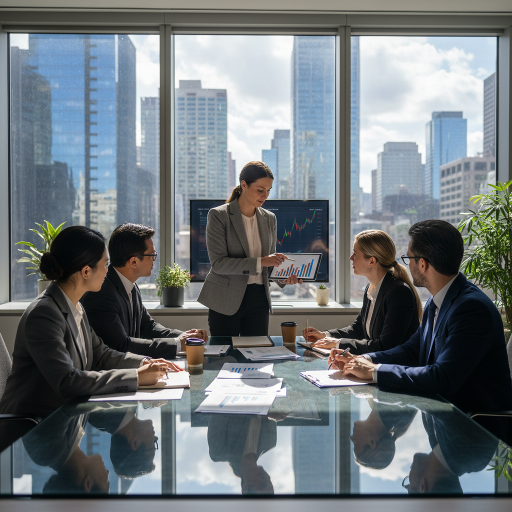 A diverse group of people from different nationalities, dressed professionally, gathered around a table in a modern office, discussing financial documents with a financial advisor. The advisor is pointing to a chart on a tablet. Sunlight streams through a large window, revealing a cityscape in the background. Photorealistic, high detail.