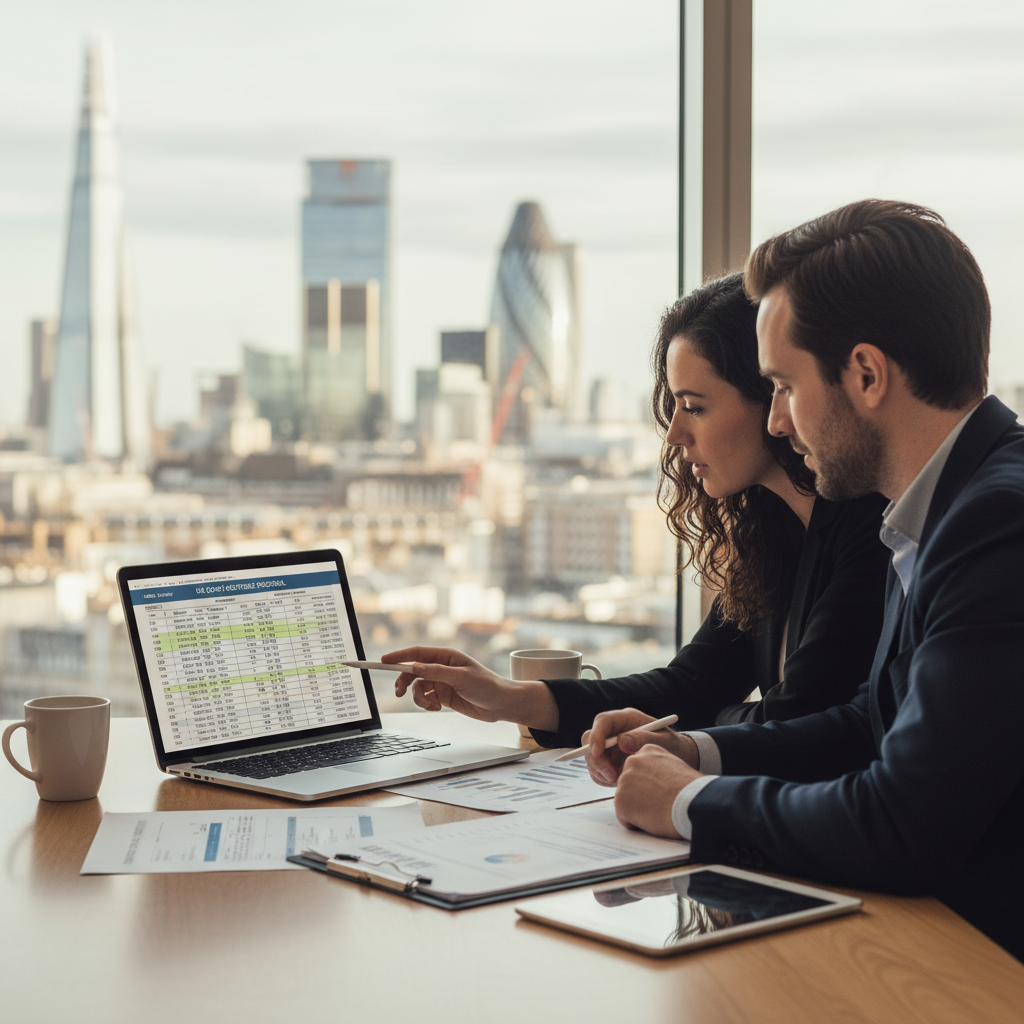 A professional couple reviewing mortgage documents on a laptop, with a blurred London skyline in the background, representing expat financial planning. Photorealistic, soft natural light.