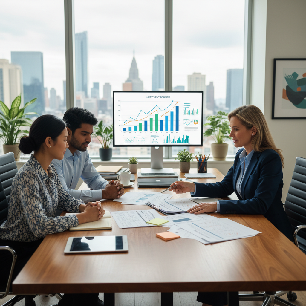 A professional tax advisor in a modern office explaining complex tax documents to a diverse expat couple, with a laptop showing financial graphs in the background, photorealistic