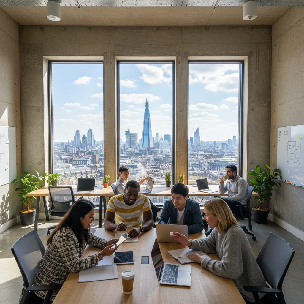 A diverse group of expat entrepreneurs in a modern, collaborative co-working space in London, looking at laptops and discussing business plans, with city skyline visible through large windows. The scene is bright and optimistic, showcasing innovation and diverse backgrounds.