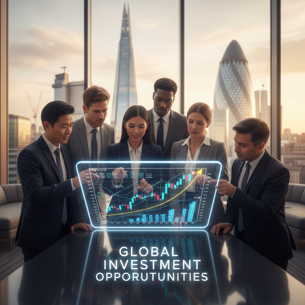 A diverse group of business professionals from various backgrounds, looking at digital stock market charts on a tablet, with the London cityscape and iconic landmarks like the Shard and the Gherkin in the background, representing investment opportunities. Photorealistic, high detail.