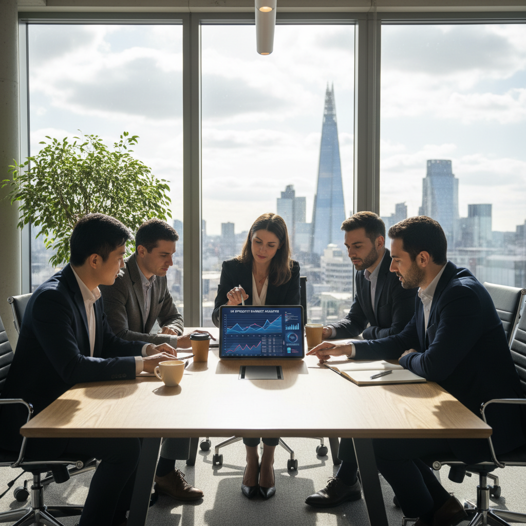 A diverse group of expat investors from various cultural backgrounds, dressed in business casual attire, gathered around a large table, looking at a digital tablet displaying UK property market graphs and financial data. Sunlight streams through a large window, revealing a blurred London cityscape in the background. Photorealistic, high detail.